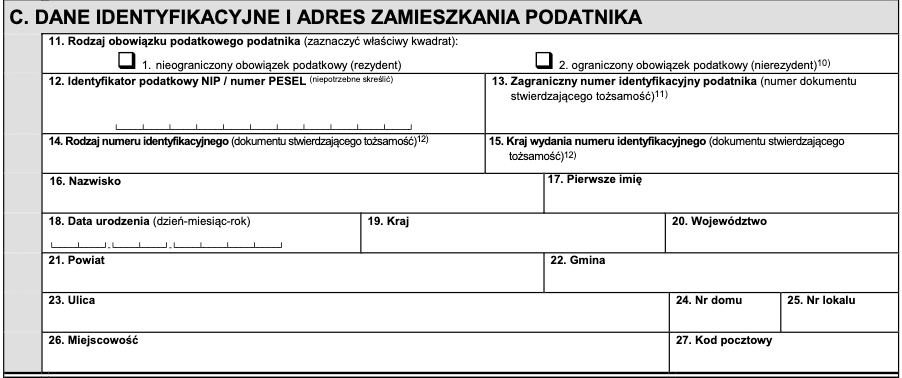 Część C formularza PIT-11: dane identyfikacyjne i adres zamieszkania podatnika