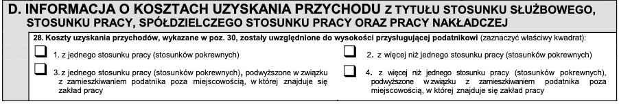 Część D formularza PIT-11: koszty uzyskania przychodu ze stosunku pracy