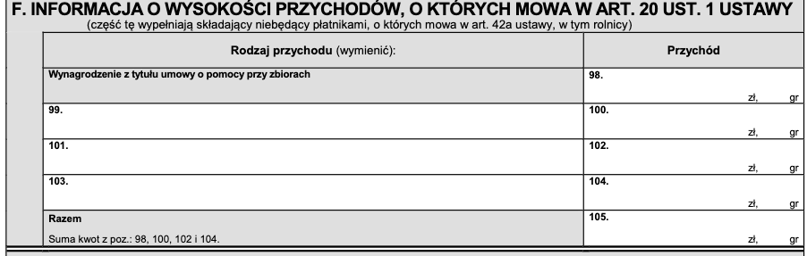 Część F formularza PIT-11: przychody, o których mowa w art. 20 ust. 1 ustawy o PIT