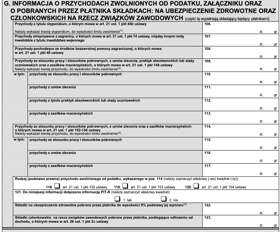 Część G formularza PIT-11: przychody zwolnione od podatku, załącznik PIT-R i składki