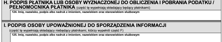 Części H i I formularza PIT-11: podpis płatnika albo osoby upoważnionej