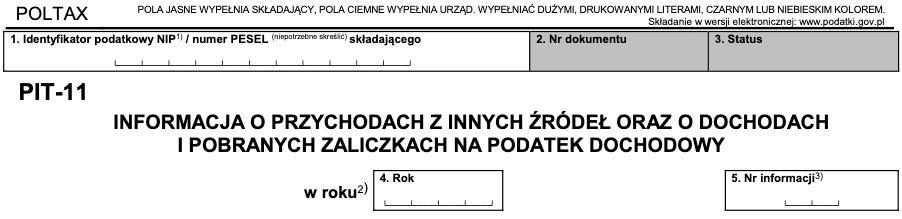 Nagłówek formularza PIT-11(29): identyfikator płatnika, rok i numer informacji